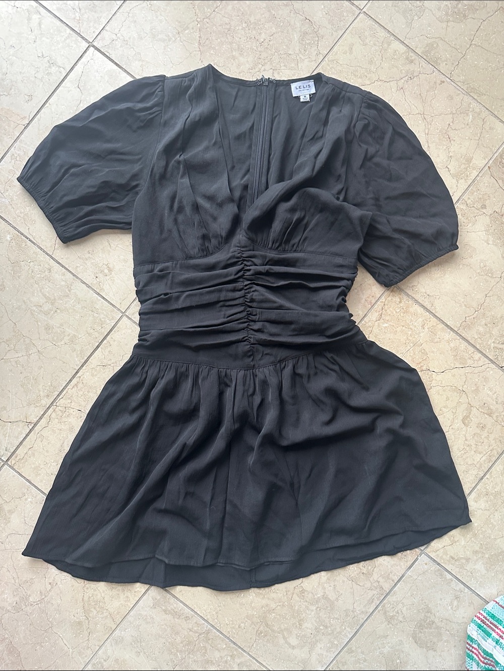 Le Lis Black Ruched V-Neck Mini Dress